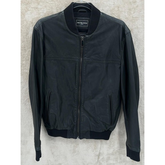 Saks Fifth Avenue Jacket Mens Small Black Leather Bomber Modern Luxury  Flight - Main Image